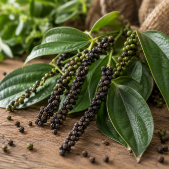 Zwarte peper plant Piper nigrum met peperkorrels