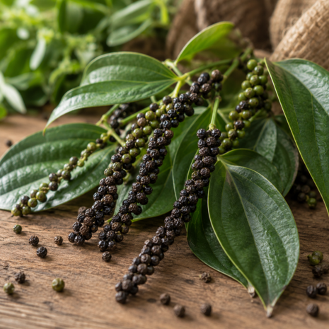 Zwarte peper plant Piper nigrum met peperkorrels